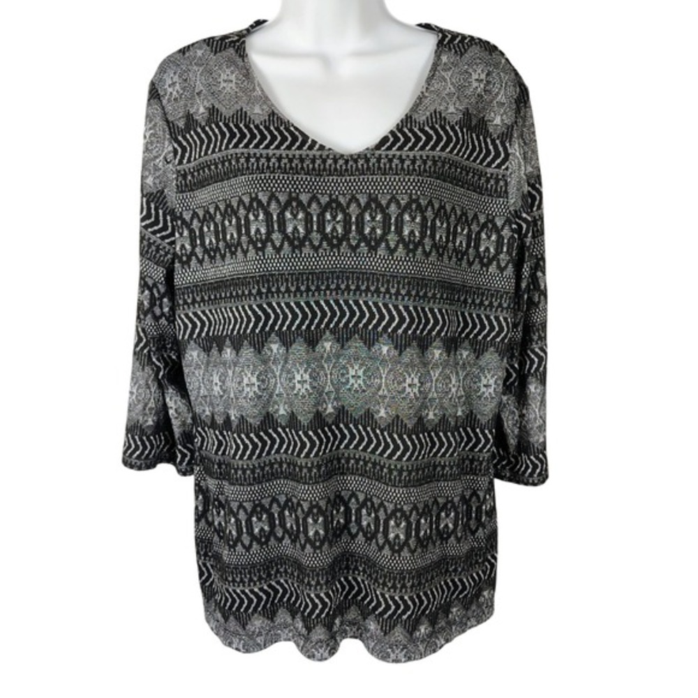 Chicos‎ Womens Size 3 Large V-Neck Metallic Geometric Knit Top whimsigoth